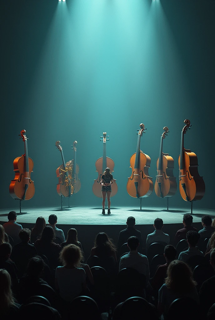 A concert with people waiting to see the lights and colors, but on the stage there were only musical instruments. But there are no musicians.