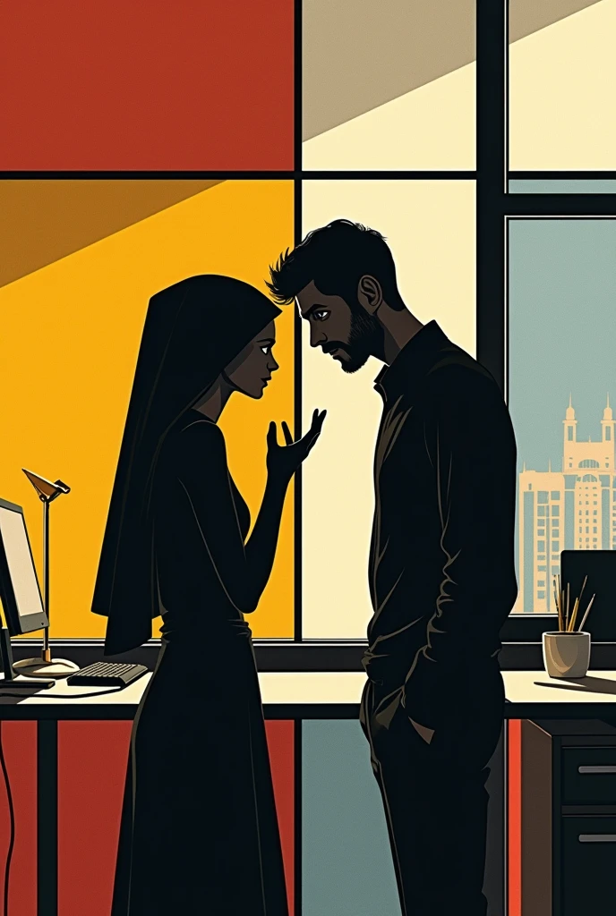 Skinny catholic women and an Muslim man have a illicit affair at work place, and they try to hide it from other collogues, but women cant hel but rol her eyes when Muslim man try to hid there illicit affair use Mondrian art as inspiration