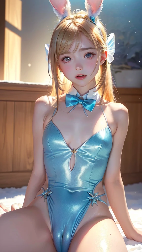 masterpiece, best quality, extremely detailed CG unity 8k wallpaper,((Upper Body)) ,((Upper Body head close-up shot of a beautiful )), , Elegant Long straight blonde hair, (Mckenna Grace), ((flat chest,thighs,Autoluminescence skin)),Transparent (purple-blue) golden (Glittering tutu,long Bunny Ear Headgear, , Bow-tie, No panties, genitals visible), ((sitting,spread legs)),(), (Blush), , (), (A world of ice and snow), pretty face, key art, award winning, intricate detail realism hdr, by (ruan jia and artgerm and range murata), Photorealism, Hyperrealism, ultra realistic, dramatic light, intense shadows, gorgeous view, depth of field
,ชุดรัดรูป, camel toe, โชว์กางเกงใน , โชว์หน้าอก, หัวนม,