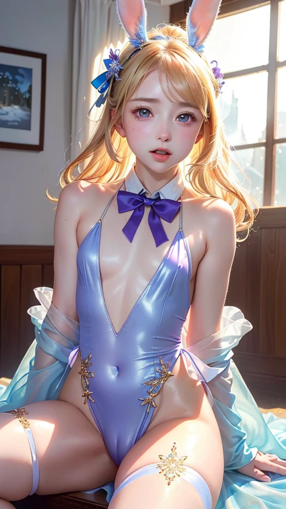 masterpiece, best quality, extremely detailed CG unity 8k wallpaper,((Upper Body)) ,((Upper Body head close-up shot of a beautiful )), , Elegant Long straight blonde hair, (Mckenna Grace), ((flat chest,thighs,Autoluminescence skin)),Transparent (purple-blue) golden (Glittering tutu,long Bunny Ear Headgear, , Bow-tie, No panties, genitals visible), ((sitting,spread legs)),(), (Blush), , (), (A world of ice and snow), pretty face, key art, award winning, intricate detail realism hdr, by (ruan jia and artgerm and range murata), Photorealism, Hyperrealism, ultra realistic, dramatic light, intense shadows, gorgeous view, depth of field
,ชุดรัดรูป, camel toe, โชว์กางเกงใน , โชว์หน้าอก, หัวนม,