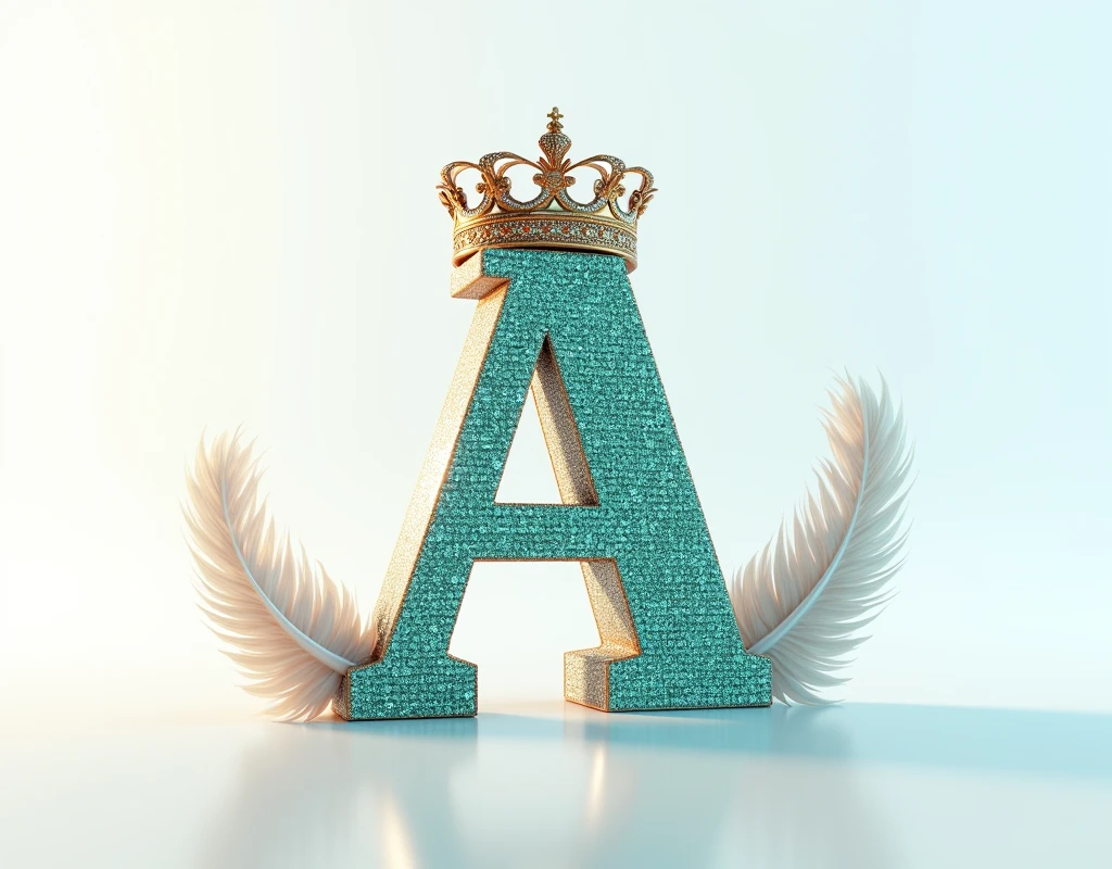 A mesmerizing and sophisticated 3D digital artwork featuring the name A" in exquisite skyblu green and diamond letters, adorned with a majestic royal crown and a graceful feather. The bold, enchanting typography shimmers with a dusting of diamonds, illuminated by warm, silver lighting. The solid white background highlights the text and transforms the piece into a striking, cinematic poster. This eye-catching design masterfully combines elements of dark fantasy, photography, architecture, typography, film, and 3D rendering, creating a truly enchanting visual experience that is perfect for architecture or cinema promotions and adds an unforgettable visual experience to any space. Signed by the artist "Creaciones_Celestiales CC" in the center of the image., photo, architecture, cinematic, 3d render, poster, illustration, typography