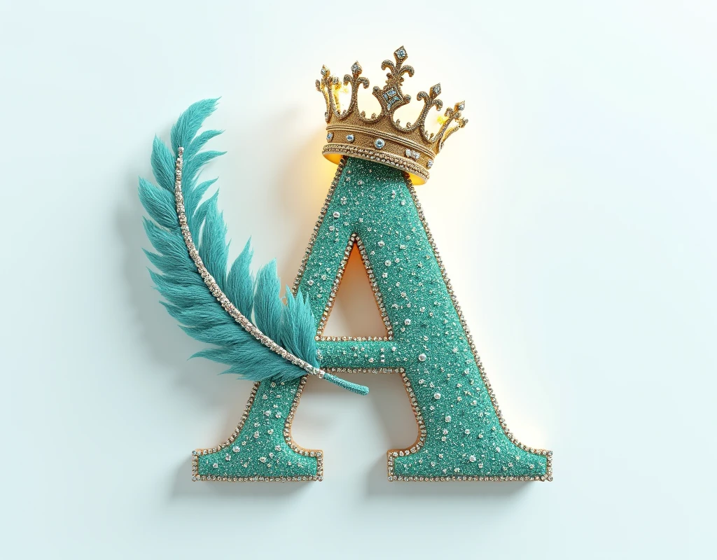 A mesmerizing and sophisticated 3D digital artwork featuring the name A" in exquisite skyblu green and diamond letters, adorned with a majestic royal crown and a graceful feather. The bold, enchanting typography shimmers with a dusting of diamonds, illuminated by warm, silver lighting. The solid white background highlights the text and transforms the piece into a striking, cinematic poster. This eye-catching design masterfully combines elements of dark fantasy, photography, architecture, typography, film, and 3D rendering, creating a truly enchanting visual experience that is perfect for architecture or cinema promotions and adds an unforgettable visual experience to any space. Signed by the artist "Creaciones_Celestiales CC" in the center of the image., photo, architecture, cinematic, 3d render, poster, illustration, typography