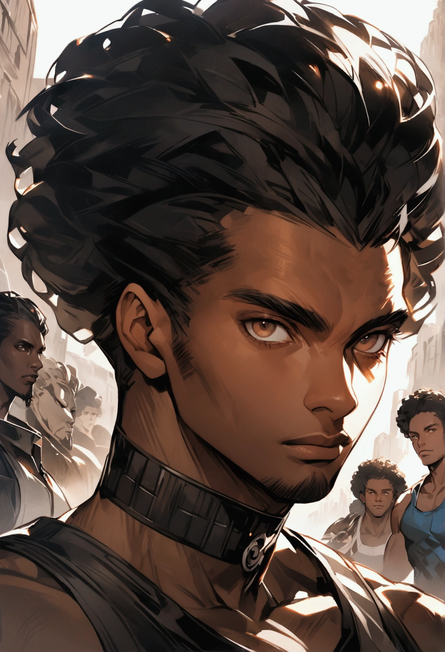 Cartoon of a man with an afro hair and a tank top, epic portrait illustration, black man with afro hair, a portrait of the character, in digital illustration style, detailed. digital painting, high quality portrait, closeup character portrait, detailed character portrait, epic digital art illustration, highly detailed character, Wakanda, T'Challa, stylized portrait, character art portrait, Marvel comics, DC comics.