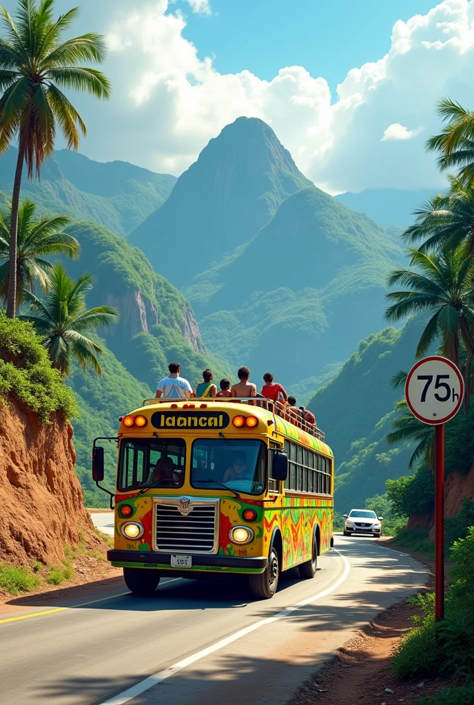 New Tinted Jamaican coach Bus driving tourists going around a corner with a speed limit sign that says 75kmh with mountains in the back and dirt driving on paved road with other cars