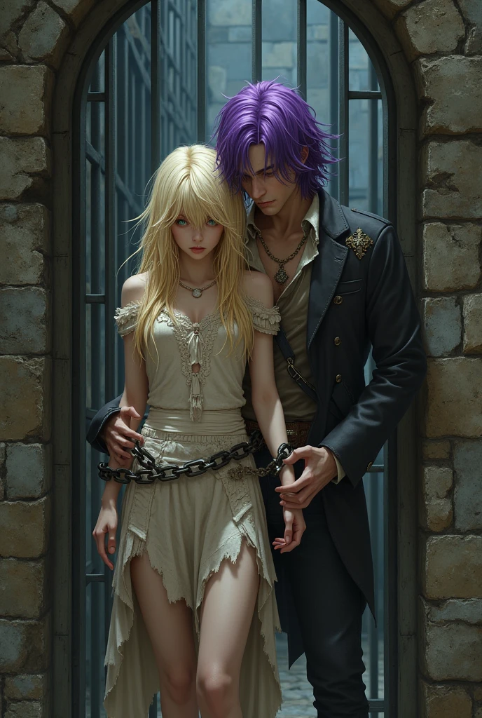 Chained golden white haired girl with honey colored eyes in dirty medieval clothes in a cell At his side a man with purple hair.
