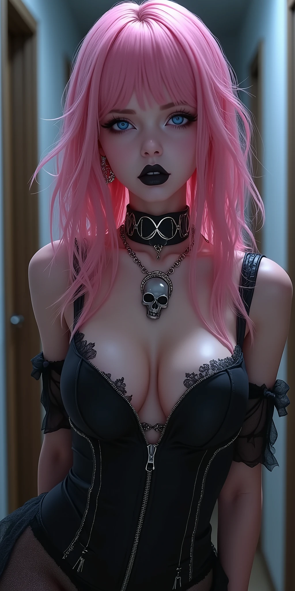 (best quality, ultra-detailed, photorealistic: 1.39), bright and vibrant colors, studio lighting, romantic expression, An effeminate girl, with a delicate and beautiful face. Beautiful and adult gothic woman with her with long pink hair matches the gothic makeup, her blue eyes and mischievous black parted lips, with her large seductive breasts, cleavage, Punk-style Gothic dark pink hair, voluminous breasts, skull necklace, voluminous breasts, goth. She have a horny face, like a manwha character, chain details,, walking in leaning pose in the apartment hallway, seductive cleavage, manga style, anime features manga style, fully body, like a manwha character