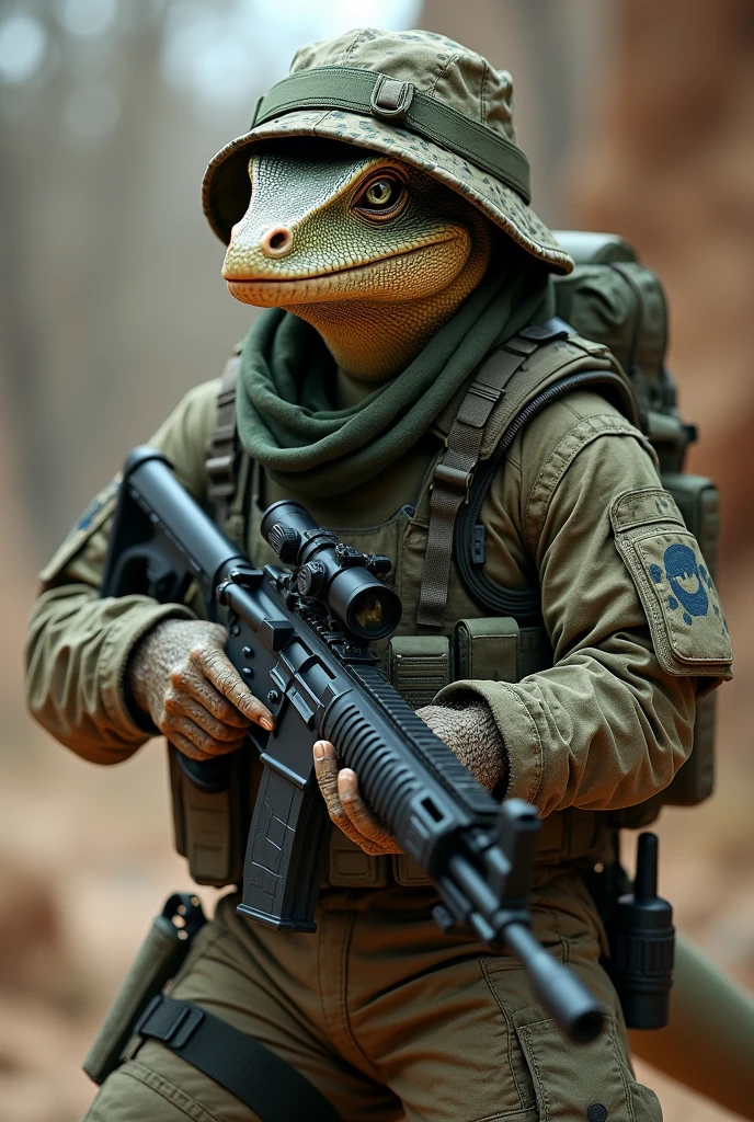 A lizard wearing a tactical hat and rifle in Marpat camouflage uniform  