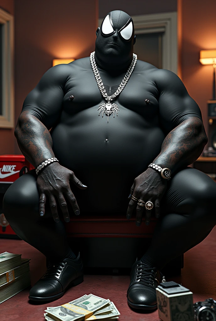 Fat belly spider-man black suit and mask with a silver trapstar plug necklace on his neck and a lot of money next to him and a rolex watch in his hand and a ring in his hand and Nike box and Nike shoes and text "Ghandili" tattoo in his hand with rap style in the studio