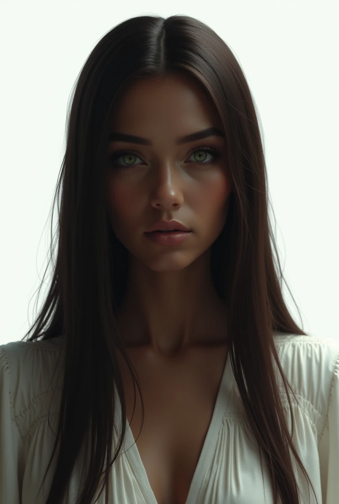 A picture of a dark skinned woman sith long straight brown hair. She has completely straight brows and shrp eyes. Shes in her 30 but she looks a bit younger . The background is complete white. She can be in more cool tones. Shes a depressed queen. With light green eyed