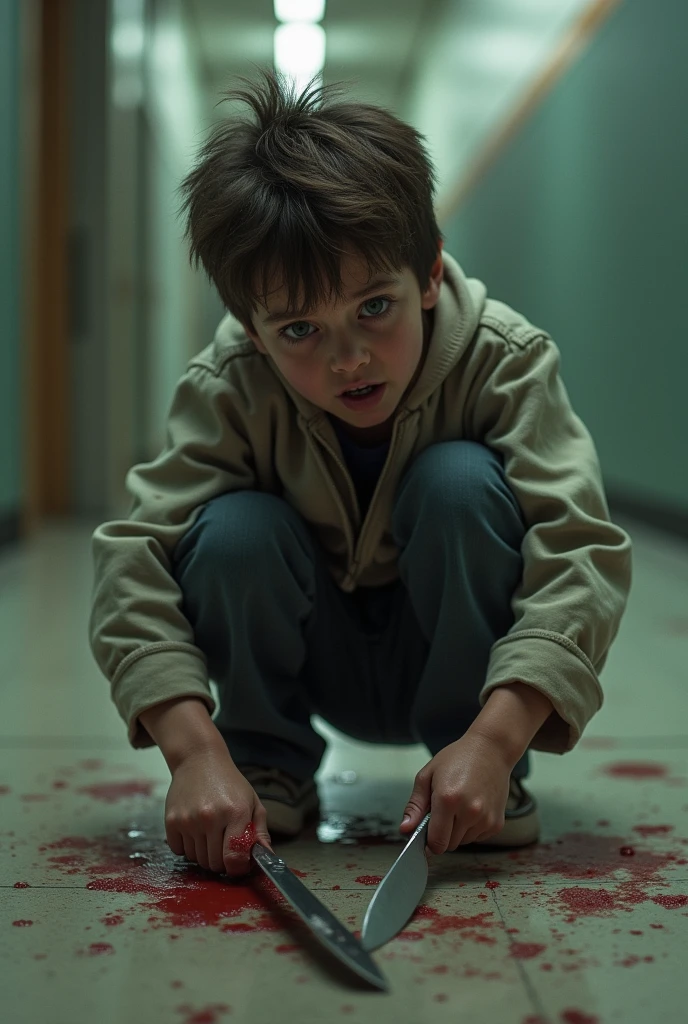 Make a boy bite the knife and poop on the floor