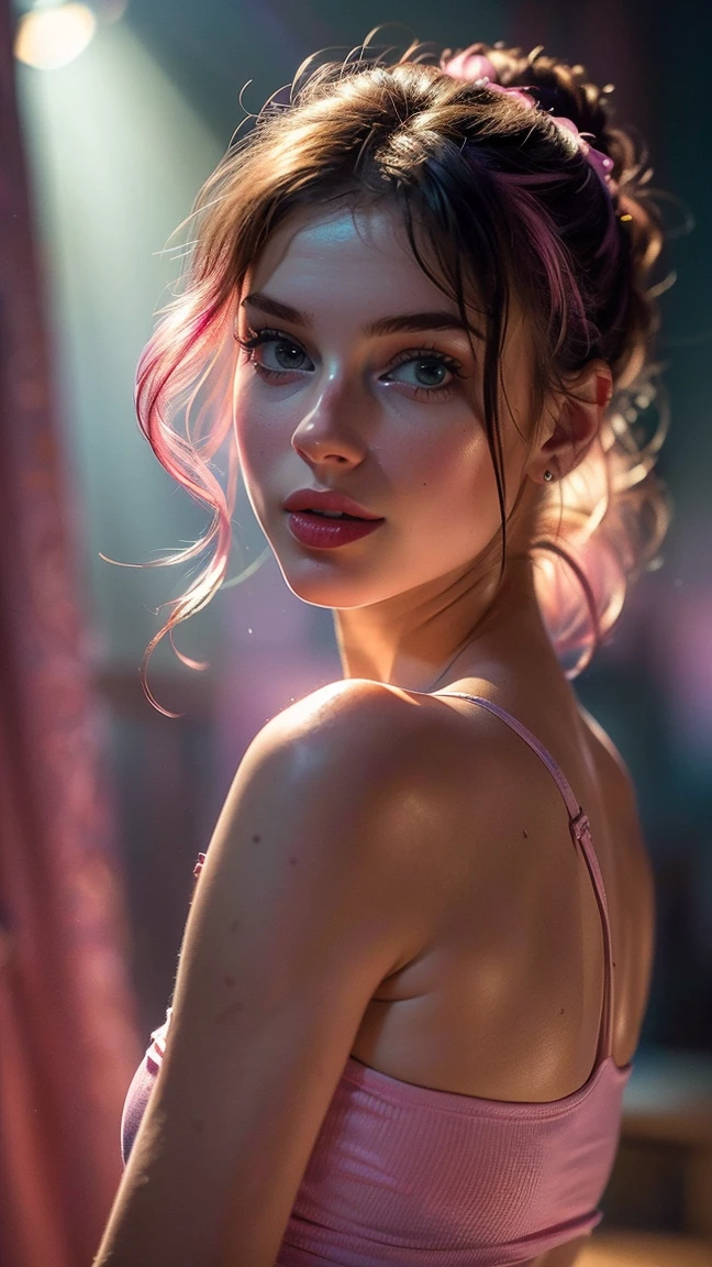 (((ultra realistic))) Photo, masterpiece, top quality, (pale skin), (Ultra detailed face and eyes:1.3), 1 girl, Adult, in a T-shirt, ((Eye makeup, pink mascara)), ((smile)), ((large detailed lips)), ((Pink волнистые волосы)), ((Chyolka)) , (Natural round breasts), Slim waist. ((Posing)), photoshoot, studio (soft lighting), (The play of light and shadows), depth of field, bokeh, (special attention to skin detail: 1.2), Detailed leather texture, skin pores. (Warm atmosphere of the frame. Color range - purple, Pink, blue tones), UDR, ((Film grain)), ((rays)), (Glare), ((waist up portrait)) , ultra detialed,