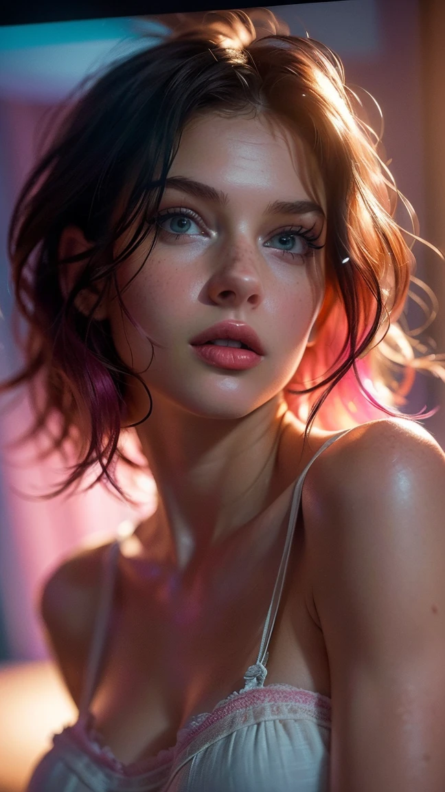 (((ultra realistic))) Photo, masterpiece, top quality, (pale skin), (Ultra detailed face and eyes:1.3), 1 girl, Adult, in a T-shirt, ((Eye makeup, pink mascara)), ((smile)), ((large detailed lips)), ((Pink волнистые волосы)), ((Chyolka)) , (Natural round breasts), Slim waist. ((Posing)), photoshoot, studio (soft lighting), (The play of light and shadows), depth of field, bokeh, (special attention to skin detail: 1.2), Detailed leather texture, skin pores. (Warm atmosphere of the frame. Color range - purple, Pink, blue tones), UDR, ((Film grain)), ((rays)), (Glare), ((waist up portrait)) , ultra detialed,