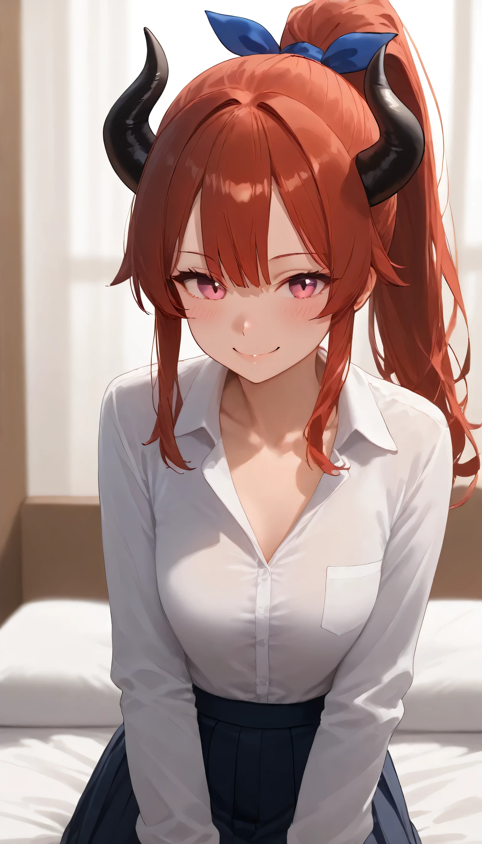 shiny skin, 1girl, ponytail hairstyle, skirt, bangs, hair tie, pink eyes, blush, breasts, shirt, small breasts, solo, looking at viewer, ribbon, red hair, long red hair, white shirt, blue ribbon, closed mouth, long sleeves, ponytail hairstyle, collarbone, smile, large smile, small horns, black horns, horns towards the bangs, dragonian