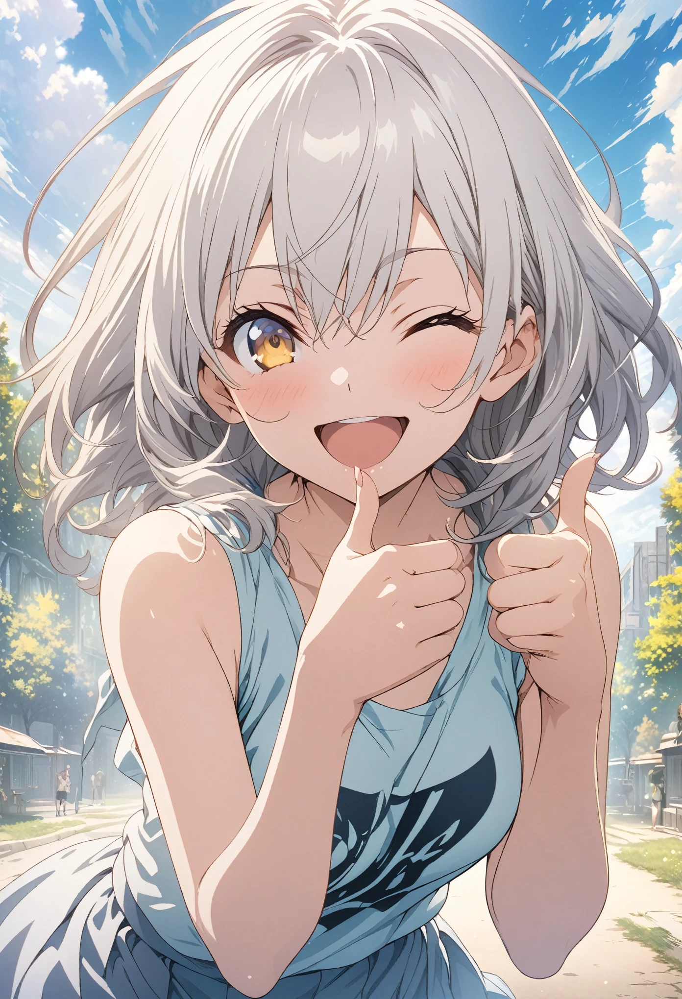 masterpiece, Highest quality, Highly detailed CG Unity 8K wallpapers, High School Girl Anime Illustration. Wear an oversized tank top、Make a finger gun pose、she has her eyes closed and mouth open, smile. The background is a light pastel colored landscape.., white hair color, Yellow Eyes