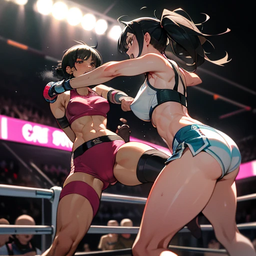 {she is Striking opponent's abs by hard punch, she is striking in succession}, two {bloody}beautiful young female heavyweight fighters are fighting by extreme bareknuckle boxing in the octagon fighting ring of underground arena with audience. A fierce exchange of dynamic punches. they are beating each other so hard. survival battle. whole body picture. they are covered in scars and bruises. they are damaged terribry. Short-cut black hair, out of breath, drooling from mouth, one eye is closed, exhausted, drenched in sweat. Erect nipples. open finger glove. Ragged white and pink lined sports bra, high leg panty, Stockings. armwarmers. small breasts, armwarmers. Whittled waistline, muscular, six-pack abs, very thick arms and thighs, super huge tits.