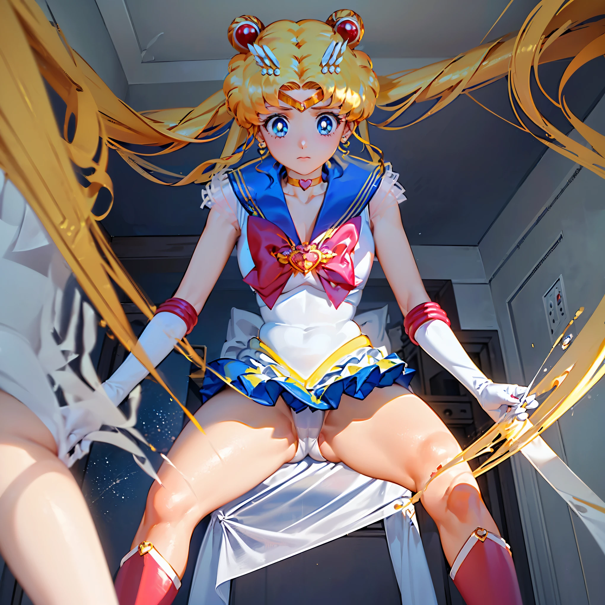 ((((Caution,view under the skirt angle perspective from below, dog's perspective, camel toe))),masterpiece, highest quality, (1 person), (Super Sailor Moon), (detailed face), face focus, white wall, (on bed), bright room, embarrassed expression, white gloves, detailed eyes, detailed face, love hotel room, colorful clothes, sailor warrior uniform, colorful skirt, hair accessory, red ribbon, brooch, heart brooch, earrings, crescent moon, heart choker, heart, mini skirt, very long hair, ribbon on back, crescent moon earrings, tiara, yellow choker, boots, knee boots, red footwear, highest quality, high resolution, (detailed and beautiful eyes: 1.3), highly detailed face, meticulous CG, (perfect hands, perfect anatomy), (flipped skirt 1.3), (detailed panties 1.3), bed, (white panties: 1.3), (panties fully visible: 1.3), (squat: 1.3), (spread legs: 1.3), Sailor Moon R, Super Sailor Moon,