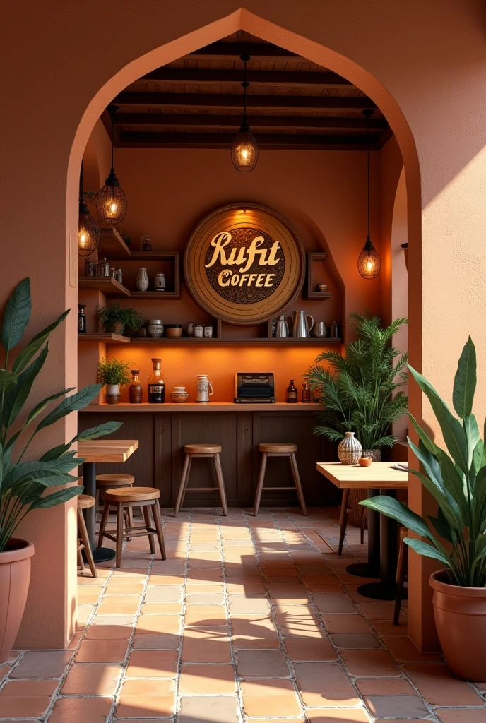 Generate an imagotype for a coffee shop with the name RUFAT COFFEE that has Terra colors and a Middle Eastern style 