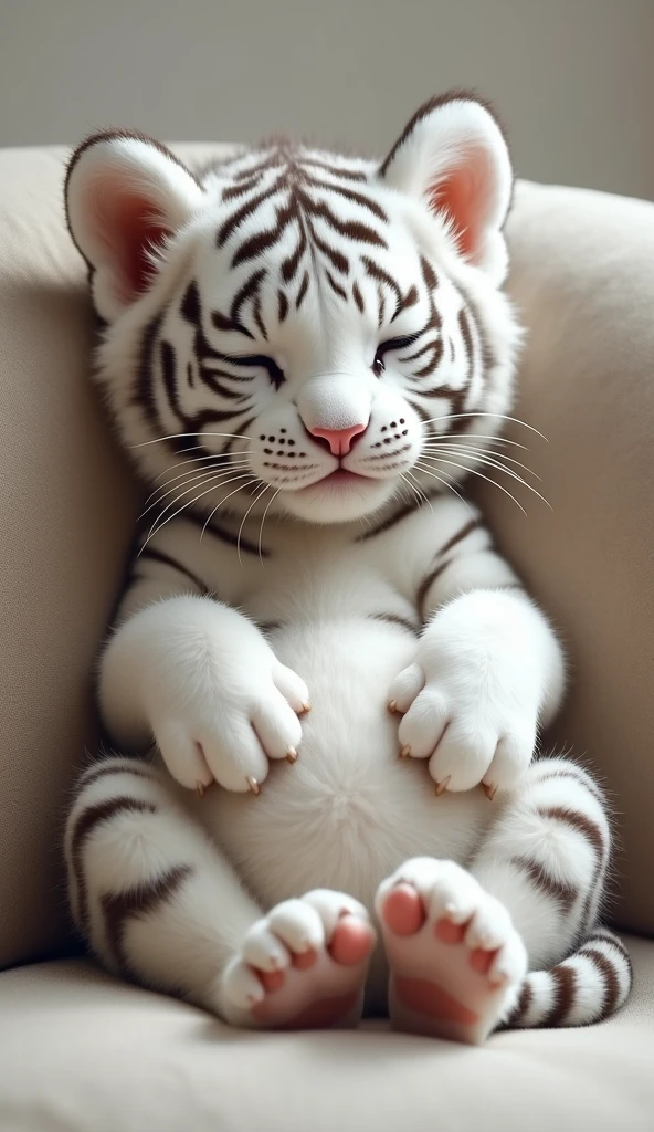 A cute white tiger cub,Real animals， With eyes closed, Cute and cuddly，Fluffy, Delicate and exquisite, Real little tiger，Leaning upright on the sofa，Furry and cute big belly，The pattern on the belly is the same as the body，My belly is very big.，The pattern on the belly is the same as the body，Strike a sexy pose,