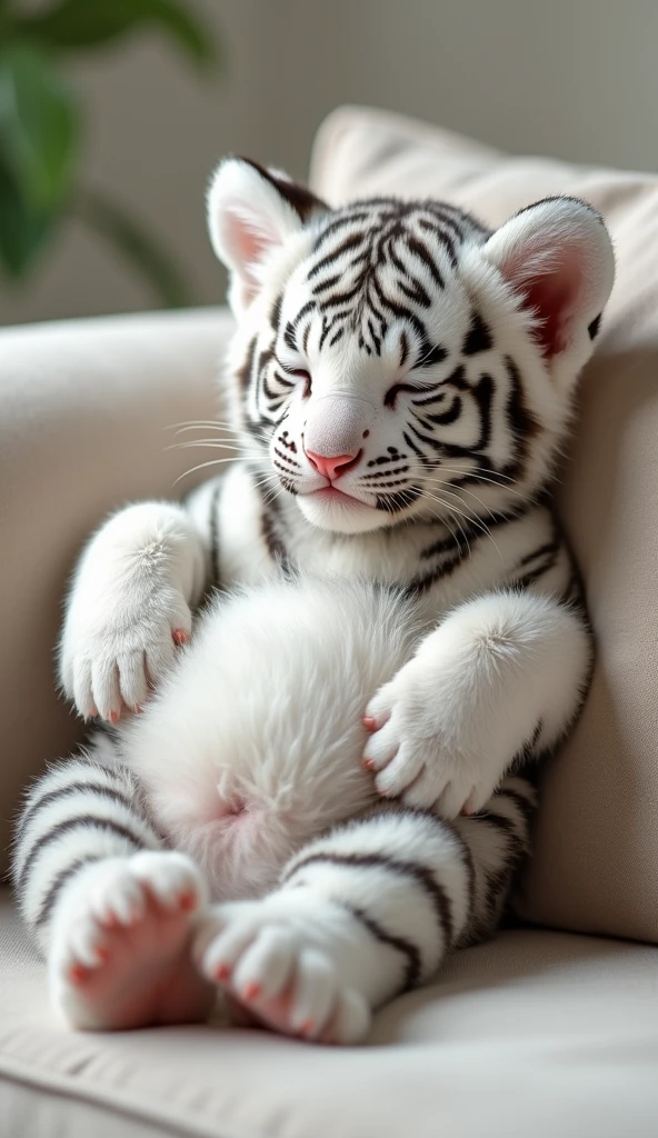 A cute white tiger cub,Real animals, With eyes closed, Cute and cuddly,Fluffy, Delicate and exquisite, Real little tiger,Leaning upright on the sofa,Furry and cute big belly,The pattern on the belly is the same as the body,My belly is very big.,The pattern on the belly is the same as the body,Strike a sexy pose,