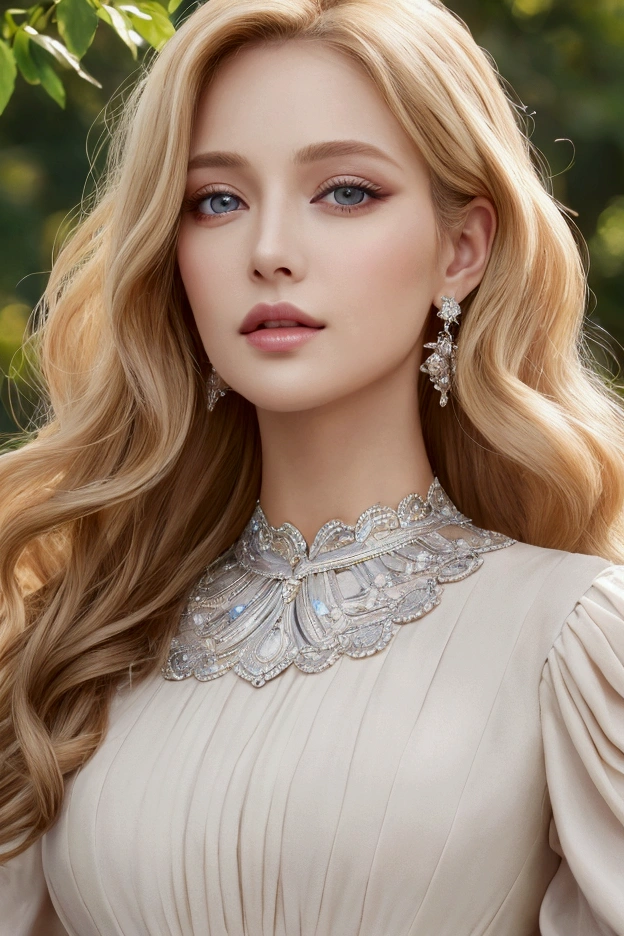 (masterpiece:1.2), (Highest quality:1.2), Perfect Eyes, Perfect Face, Perfect lighting, One person, Mature woman in a field, Medium blonde hair, Curly Hair, Detailed clothing, Detailed outdoor background, compensate, eye shadow, Thick eyelashes, Fantasy, Looking at the audience, spring 、Full body image、Full body image、Full body image、Realistic texture