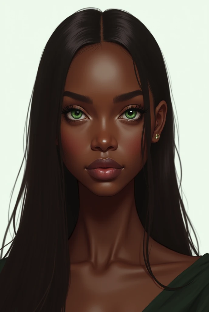 A picture of a dark skinned woman sith long straight brown hair. She has completely straight brows and shrp eyes. Shes in her 30 but she looks a bit younger . The background is complete white. She can be in more cool tones. Shes a queen. With light green eyes