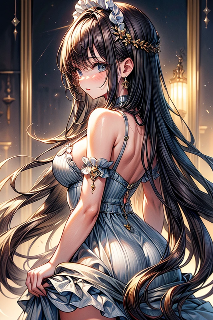 highest quality, ultra high resolution, super detailed, gorgeous, masterpiece, best quality, high resolution finely detailed, extremely beautiful, distinct image, cotton button front ribbed lounge romper, ((best quality)) ((best quality)), ((masterpiece)), (detailed), 4k image, anime style, beautiful young girl, teenage girl, fair white skin, oval shaped face, seductive and sharp facial features, astonishing sex appeal, curly hazel-brown hair, slim, curvy body, green eyes, full lips, medium height, large breasts,