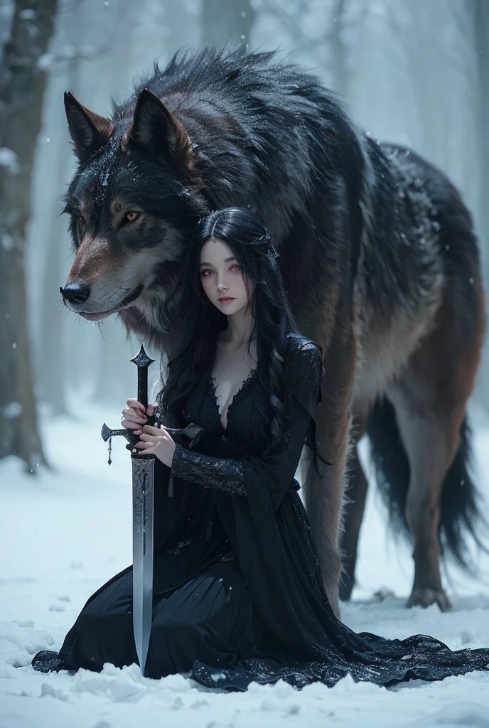 a beautiful woman with long black wavy hair and a purple eyes. She's kneeling with her mystical sword, she's wearing a black gown because she's the queen of mystical beasts. And one giant big white mystical wolf behind her. And the eyes of the wolf is red. Make it dark fantasy, and accurate for a novel book cover. And it's snowing.