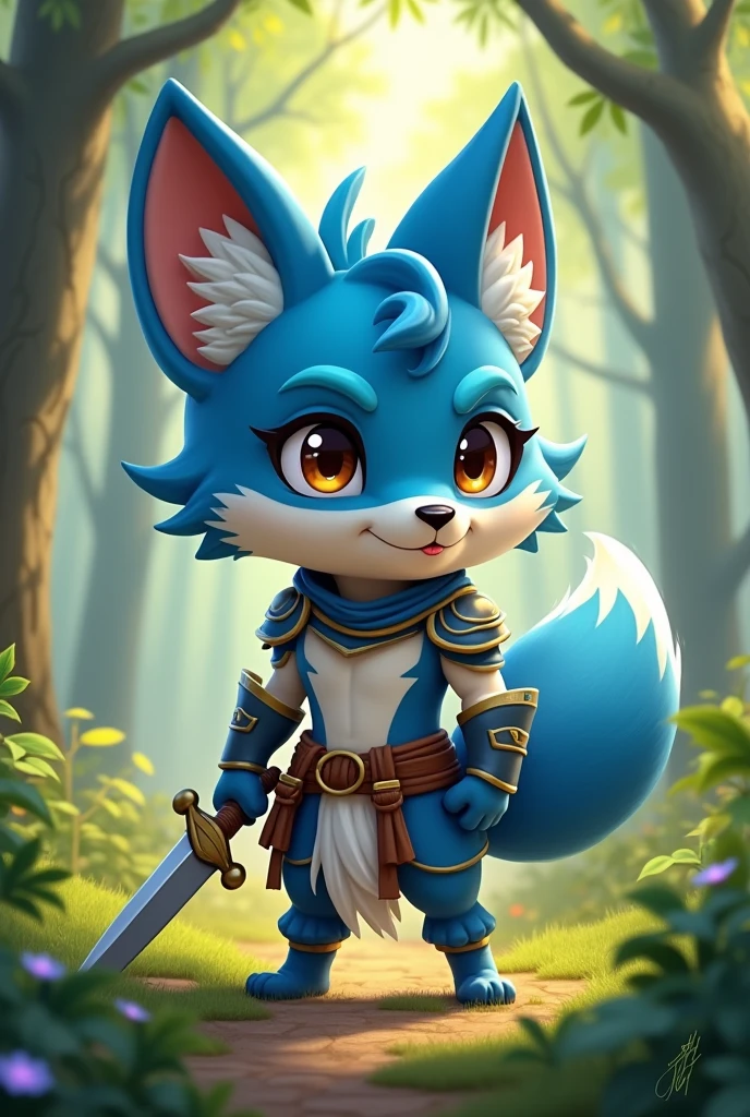 Cute blue male fox warrior