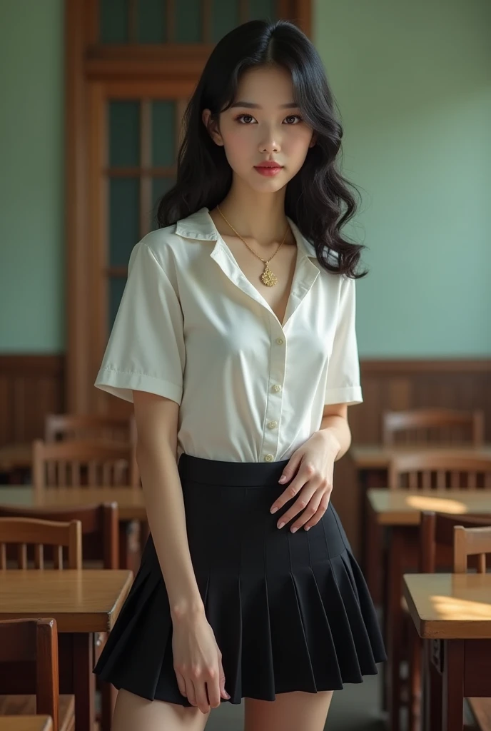 Beautiful girl with smooth skin, black hair, dark eyeshadow, gold pendant (beautiful no bra, C shape), in 1940 wearing a Thai student uniform, a white short-sleeved shirt, a black short skirt, a tight fit, standing and posing in a classroom. The background is a classroom, student desks and chairs . The most realistic picture.

