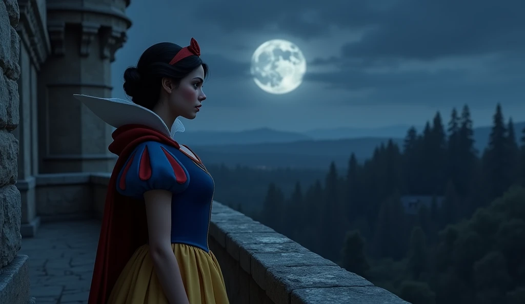 Snow White has a sad look, realistic face, she is on the castle balcony, It's night and the moon is full, trees on the horizon
