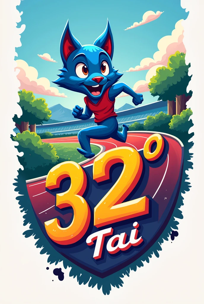 Can you create a badge for me with a running track background and following these guidelines?:Insignia:
• The design must prioritize the sporting aspect, reflecting athletics. • The design must present aesthetic unity linked to the cartoon “BLUEY”, avoiding including the character Bluey and her family • Text that should appear: Name of the “Miguel Banchero Noaín” High School, 32° TAI and year 2024 (must be clearly displayed).