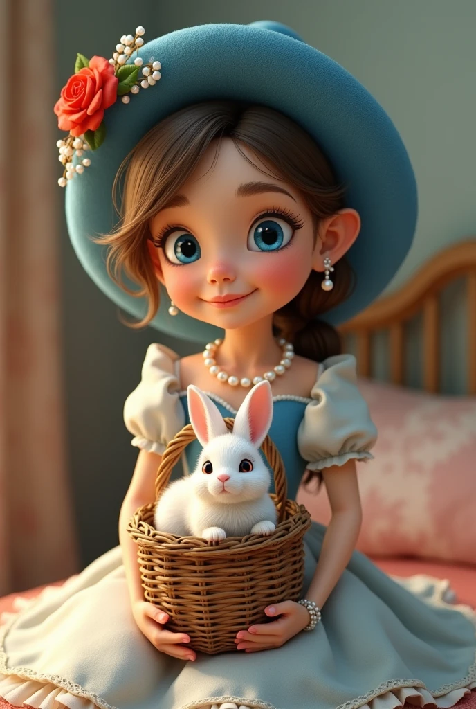 Nineteen blue hat blue girl
With a very smiling and happy lip
With an old basket with a white rabbit in it
With a white princess dress and
A pearl necklace with a red rose
inside the bed
Style 3D