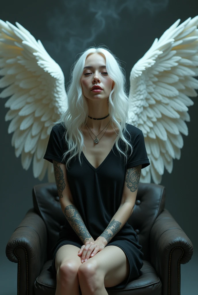 Girl like a fairy face smooth skin pink lips white hair perfect body setting on the chair and have necklace and have tattoos with black t-shirt and dark smoke background with big wings of an angel 
