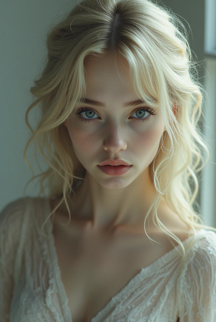 Blonde woman black eyes small nose 