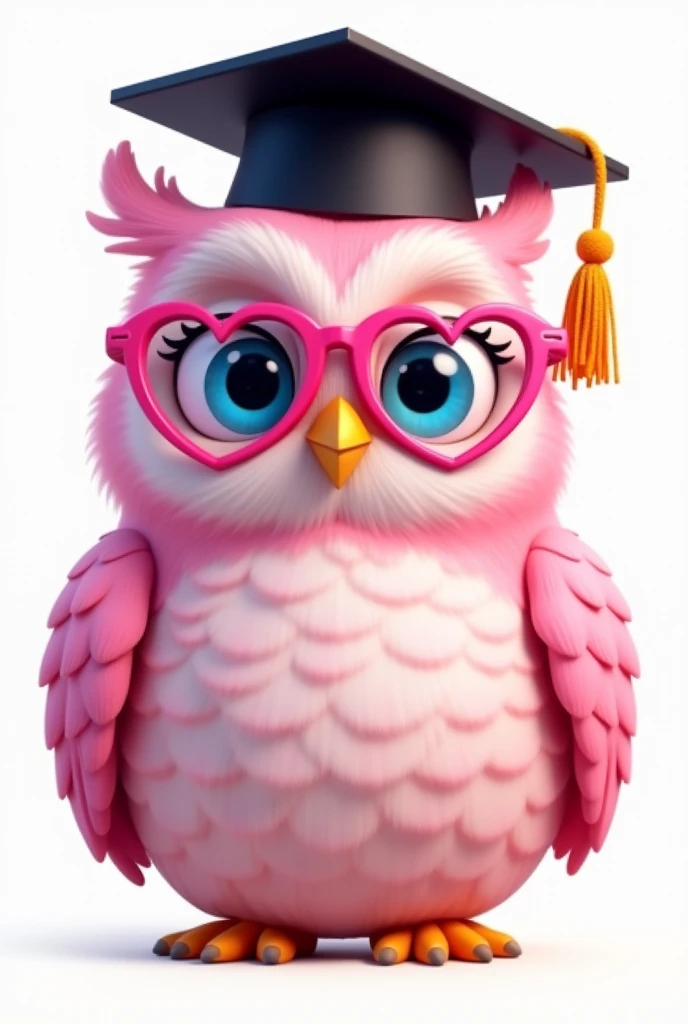 Disney Pixar style pink owl, pink glasses with heart shaped frames, blue eyes loving and happy, Grinning, with smooth feathers, fundo png, with graduation style teacher hat in black color