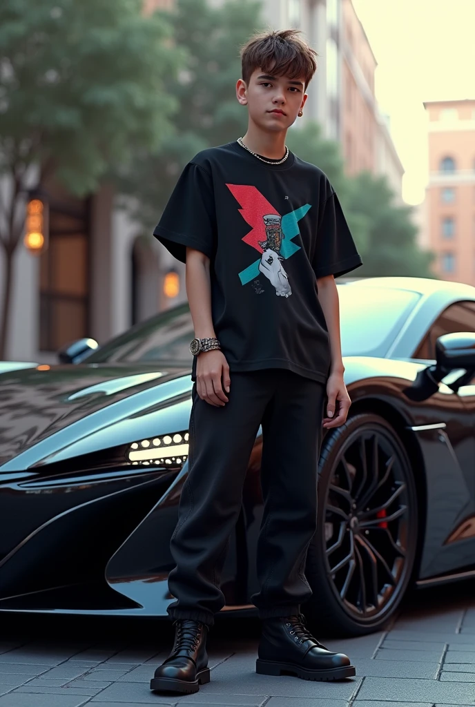 A Young cool boy near a cool car with blackshirt on his shirt type tiktok