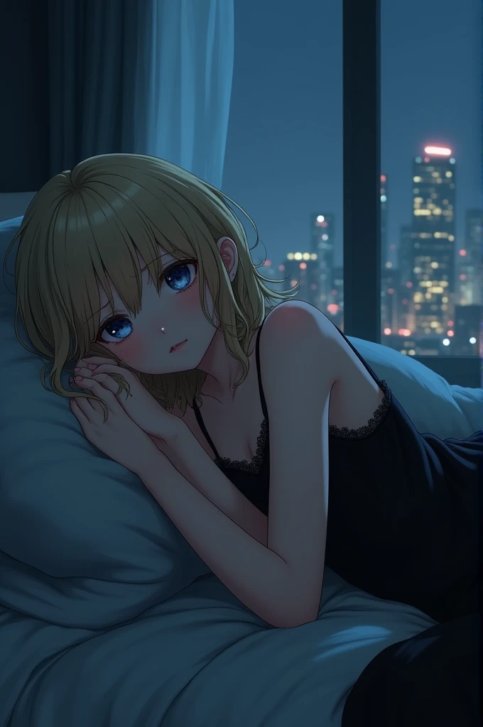 Blonde medium hair girl with blue eyes laying in a bed with a black sleeping dress with a sad face, outside is dark but you can see the city 