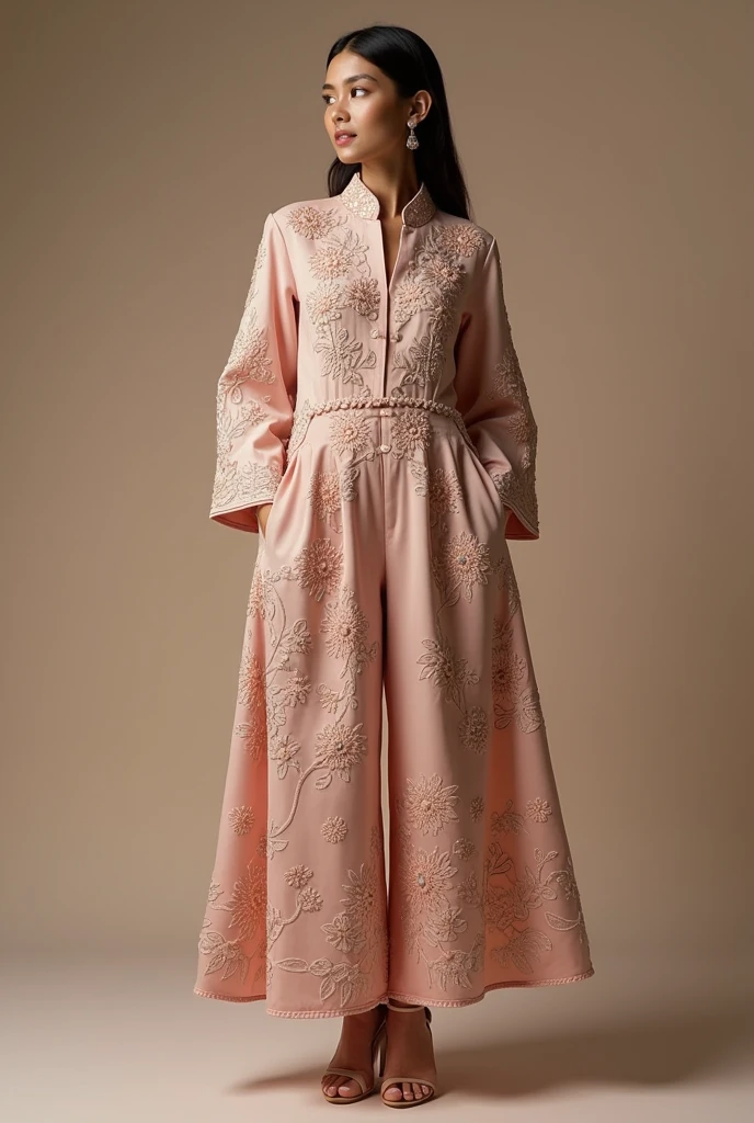 Design a fashion collection of 4 garments inspired by culture of dessert with a touch of western and modest wear and ethnic embroidery garments will include jackets trousers dresses skirts and bustiers