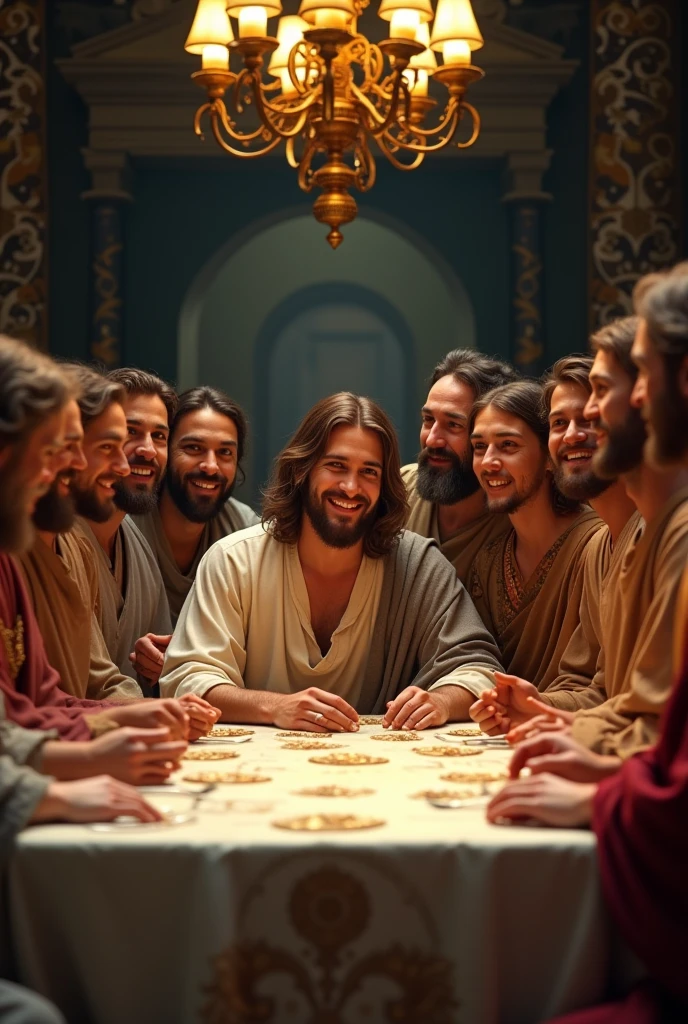 Selfie of a beautiful smiling Jesus showing the 12 apostles in the image of the last supper taking a selfie