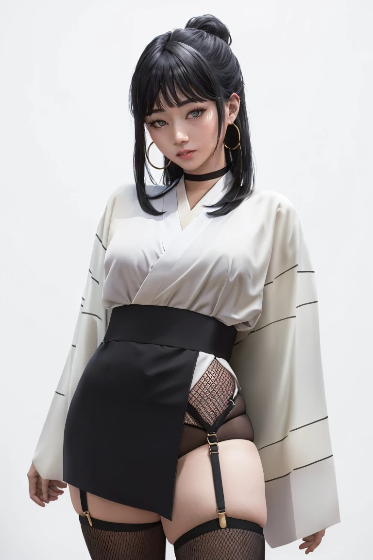 masterpiece, best quality, best quality, highres, extremely detailed, hinata, hyuuga hinata, black hair, bangs, white eyes, (white mini kimono), garter straps, large hoop earrings, 1girl, looking at viewer, dark background, fishnet legwear,