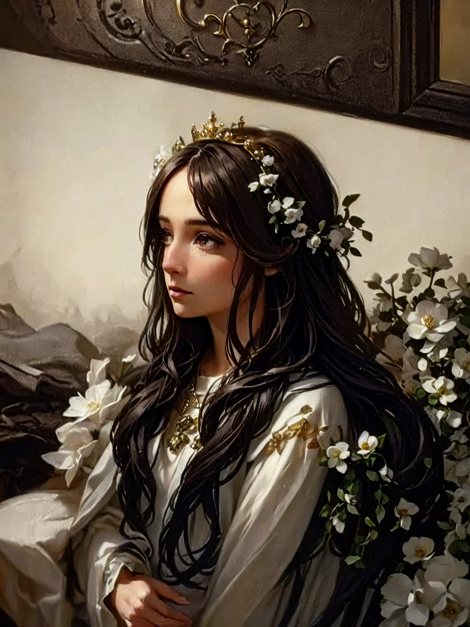 a woman with a crown of flowers, angel with wings, white flower, (best quality,4k,8k,highres,masterpiece:1.2),ultra-detailed,(realistic,photorealistic,photo-realistic:1.37),fantasy,surreal,ethereal,whimsical,magical realism,beautiful detailed eyes,beautiful detailed lips,extremely detailed face and features,long eyelashes,delicate porcelain skin,soft lighting,warm color palette,cinematic,digital painting,long brown hair