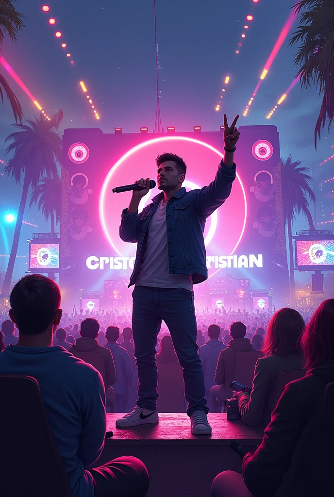 Image by Cristian: Music and gamer theme. For the music festival, . For the gamer aspect, Add details like video game consoles with Cristian's name on them