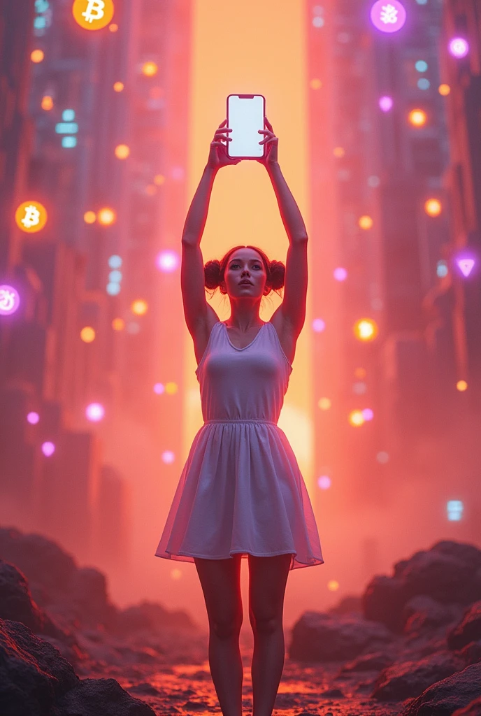 Frontal full body image of a woman、Pale pink eyes、bun twin hair、White miniskirt dress。In the center is a woman holding a smartphone and spreading her hands high into the air.。Her smartphone is lighting up with an AirDrop notification.。Various cryptocurrency icons are displayed falling from the sky like digital raindrops.、「Airdrop Addiction 」Expressing。

Around her、Floating Coin、token、The background is filled with Bitcoin symbols.、Vibrant、It creates an almost chaotic atmosphere.。The background color palette is neon brown.、Reminiscent of a futuristic digital world。