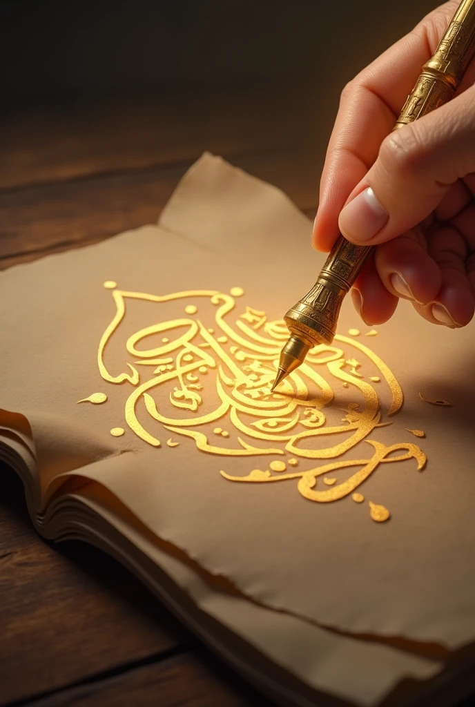 Golden Pen on a Scroll: Since Surah Rahman is often associated with the beauty of the Quran's recitation, depict a golden pen writing the words "Surah Rahman" on an ancient scroll or parchment. The pen could be mid-motion, symbolizing the divine act of revelation.