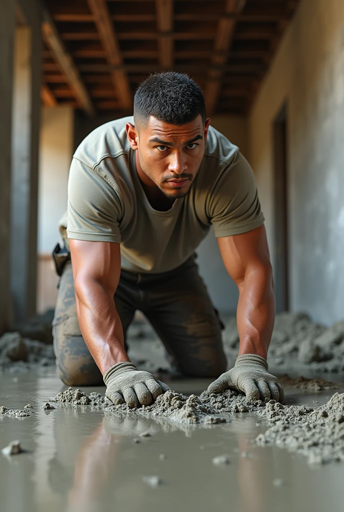 Young Latino man making a concrete floor