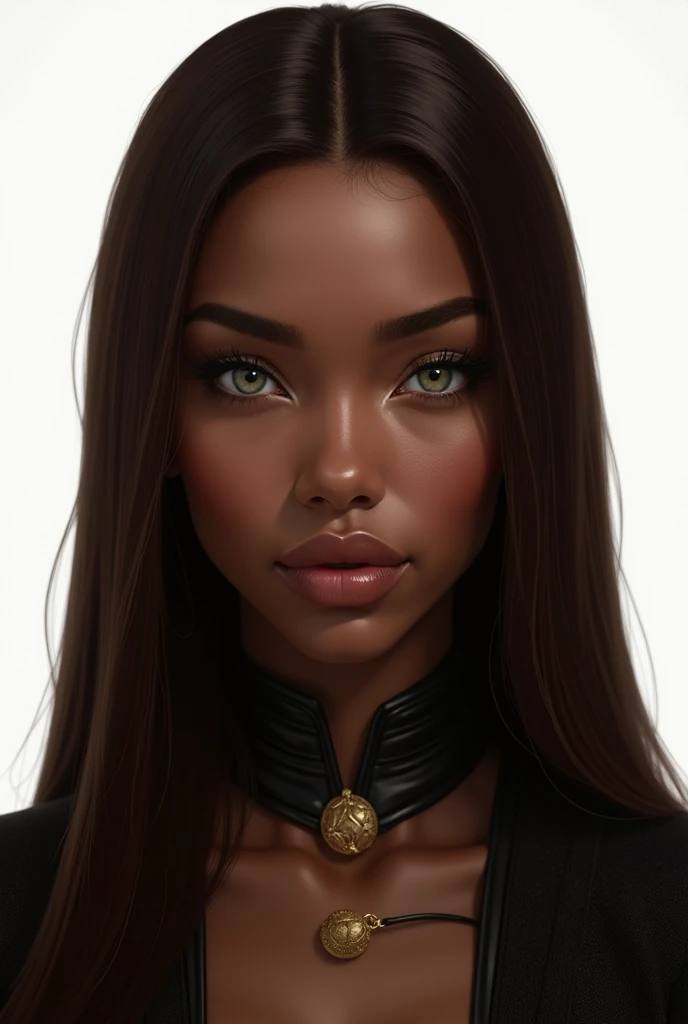 A picture of a dark skinned woman sith long straight brown hair. She has completely straight brows and shrp eyes. Shes in her 30 but she looks a bit younger . The background is complete white. She can be in more cool tones. Shes a queen. With light green eyes. Realistic look