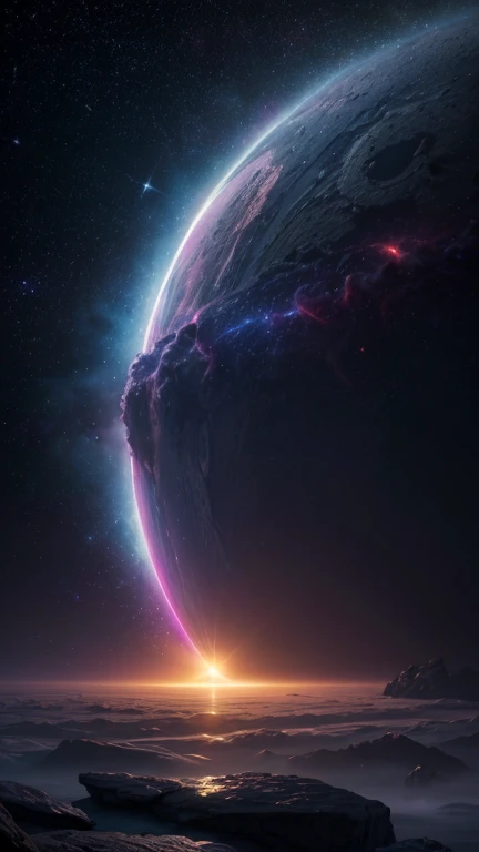 
unseen landscape of a breathtaking cosmic expanse, captured in 8K resolution for stunning detail, a massive, swirling nebula in vibrant shades of purple blue and gold dominates the background, gaseous tendrils stretching across the star-studded void, while a fleet of starships battle in colorful clouds, their hulls reflecting the brilliant hues of the nebula, a distant planet with rings made of shimmering ice and rock looms in the foreground, illuminated by the light of a nearby sun, casting a warm glow over the scene, a lone astronaut floats outside their ship, tethered by a thin line, gazing in awe at the celestial beauty surrounding them, evoking a sense of wonder and exploration in this magnificent universe. beautiful gorgeous digital art,style of greg rutkowski,janek sedlar,jenny saville:0] BadDream, fluxenh4nce, otclillsn, ral-ertmsphr, carcosa city style , novuschroma43 style