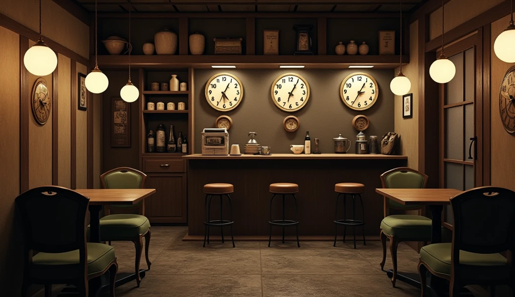an underground Japanese coffee shop built in 1800, windowless, with six domed lights hanging from the ceiling, coffee shop tinged with a sepia tone inside, almost no light, very dark, on the wall of the cafeteria there were three large, old wall clocks, each with a different schedule, the coffee shop has three seats at the counter, behind him there were shelves, and three tables for two people with chairs with cabriolet legs and moss green upholstery