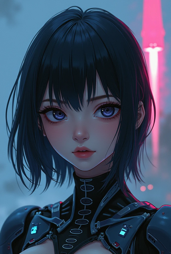 An asian woth big eyes black hair, robotic arms, face focused, with a rocketship background, blue and pink cyberpunkish colors, more anime like and presenting horror and dark environments 