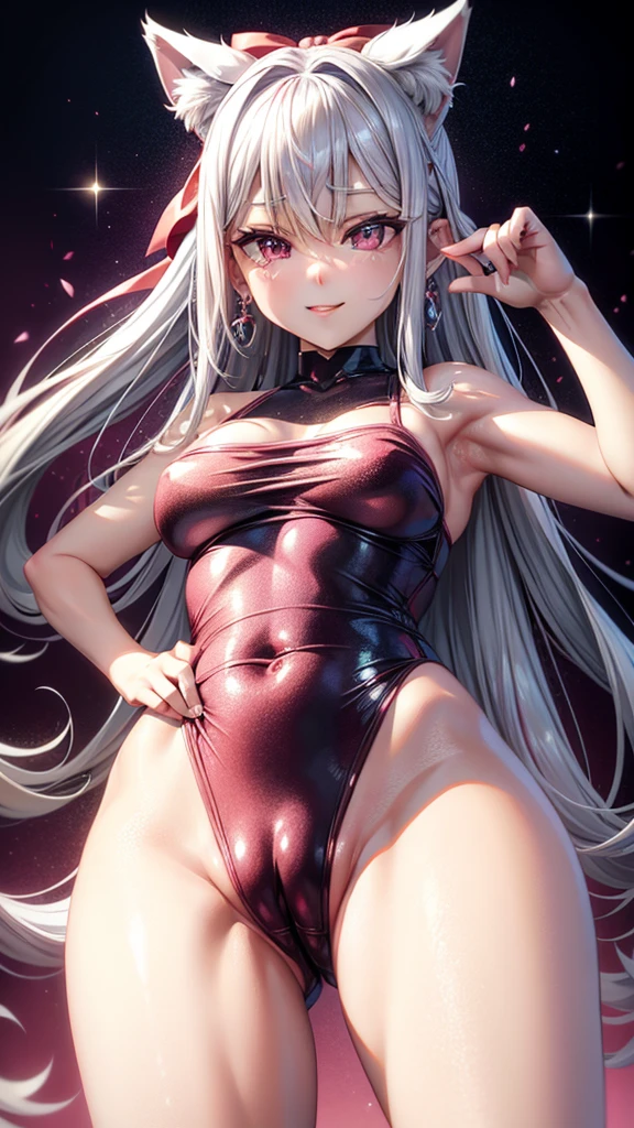 Silver hair, pink eyes, body, cat ears, woman, earrings, sparkle background, red clothes, diamond hair bows, happy face,
,ชุดรัดรูป, camel toe, โชว์กางเกงใน , โชว์หน้าอก, หัวนม, กางขา,
